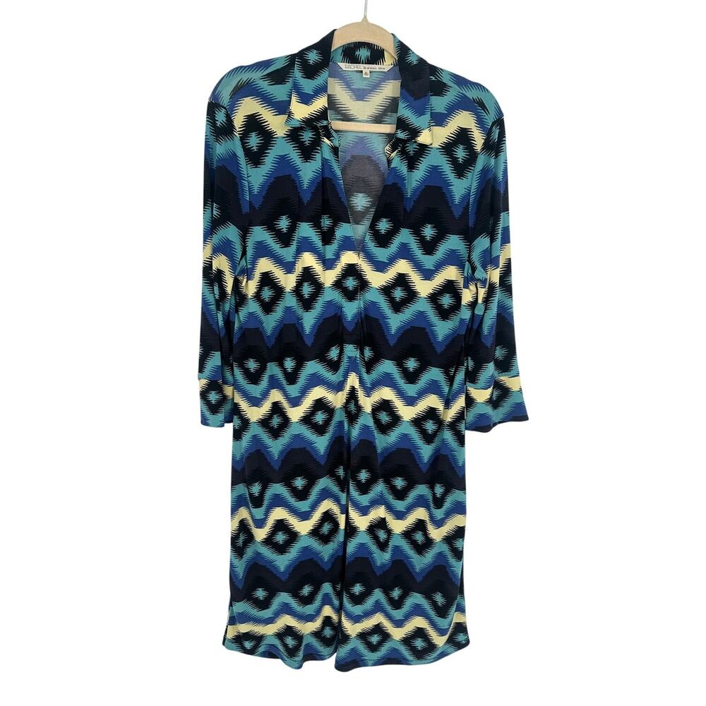 RACHEL‎ Rachel Roy Geometric Shirt Dress XL Blue Black V-Neck Summer Vacay Knee
